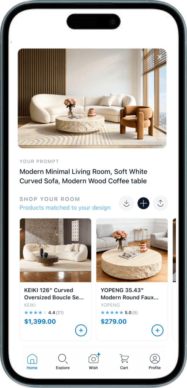 Home Genie results showing redesigned room with shoppable furniture