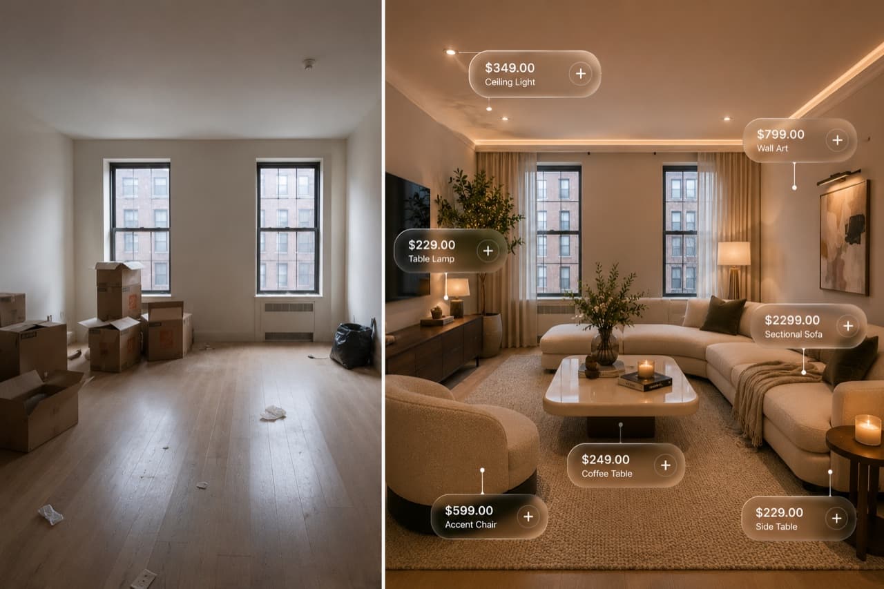 Before and after: an empty room with moving boxes transformed into a fully designed living room with shoppable furniture price tags